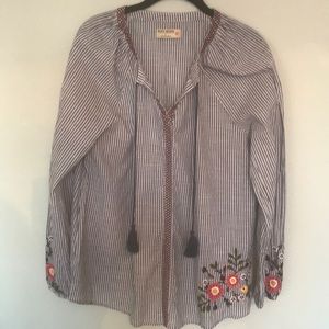 BLUE & WHITE LADIES BLOUSE RUFF HEWN EMBROIDERY NWT 69.00 L